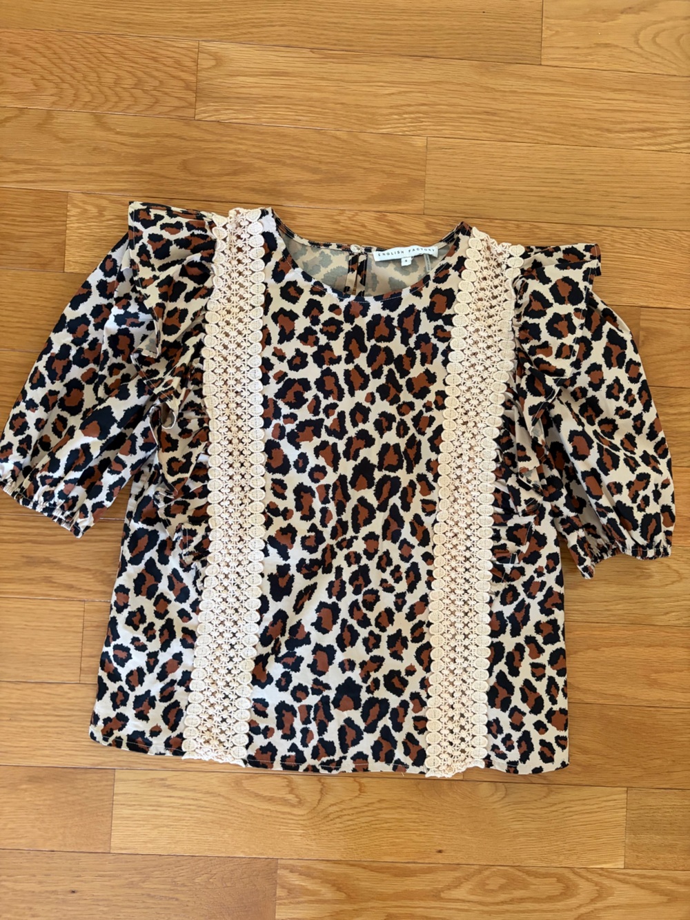 English Factory Leopard Print Top with Crochet Trim in Black, Brown, Cream